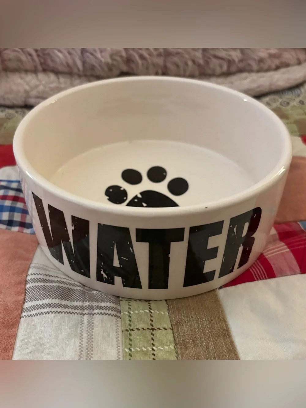 White Ceramic Water Bowl with Black Writing & Paw Print Size 6.25”D